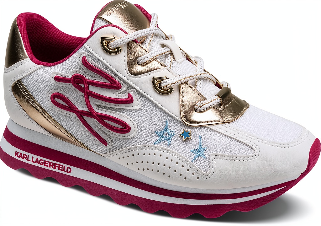 Karl Lagerfeld Paris womens sneakers in Bright White/Hot Pink color displayed on a light background
