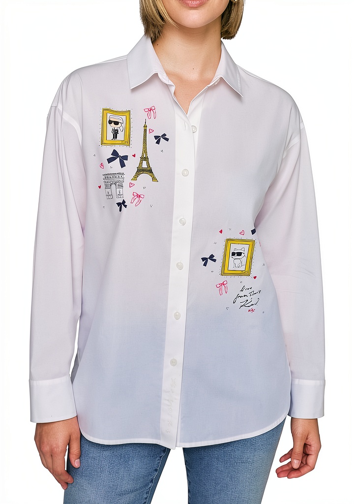 Karl Lagerfeld Paris womens white button-down shirt worn in a professional setting