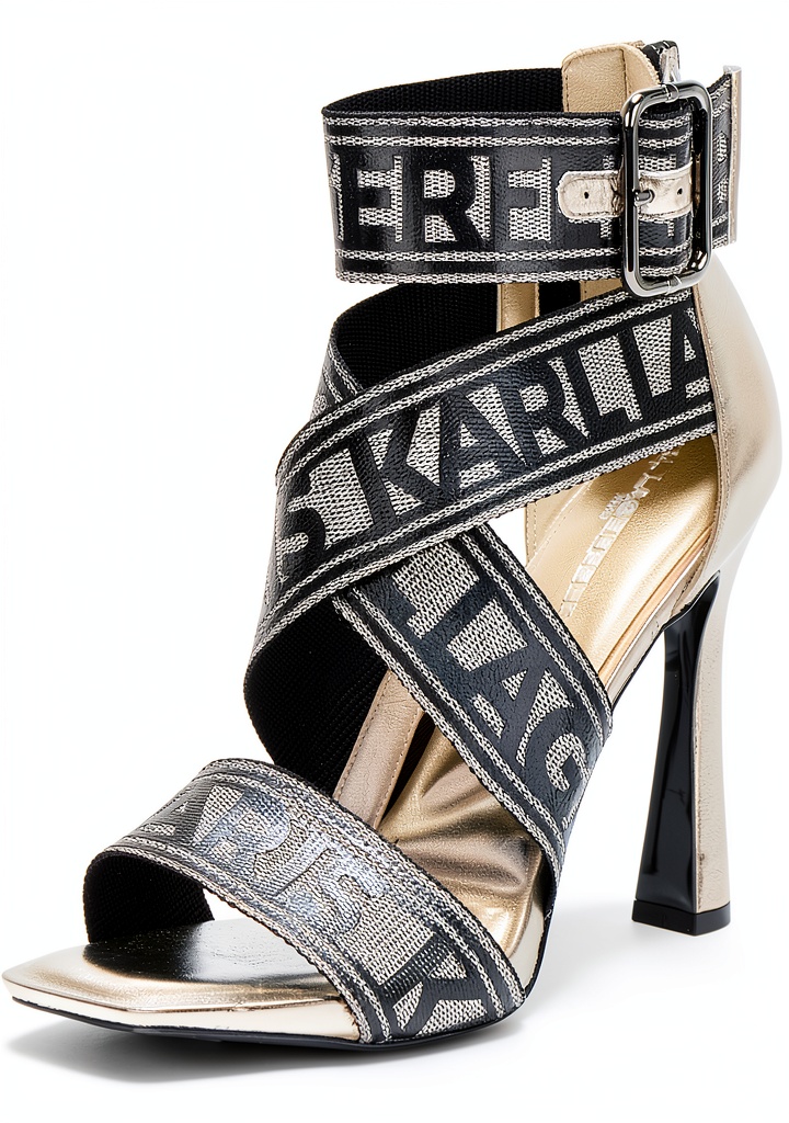 Karl Lagerfeld Womens Strappy Sandals Pewter Soft White displayed on a wooden floor with a coffee mug beside them