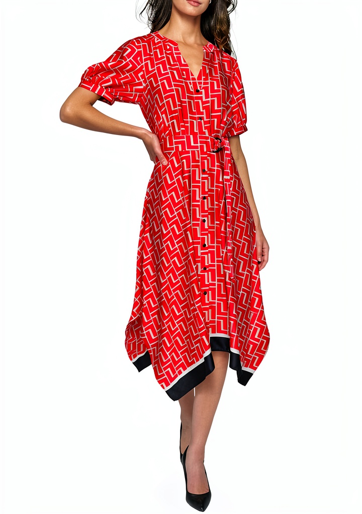 Karl Lagerfeld Paris Midi Dress Hanky Hem Puffed Sleeve displayed on a mannequin in natural light