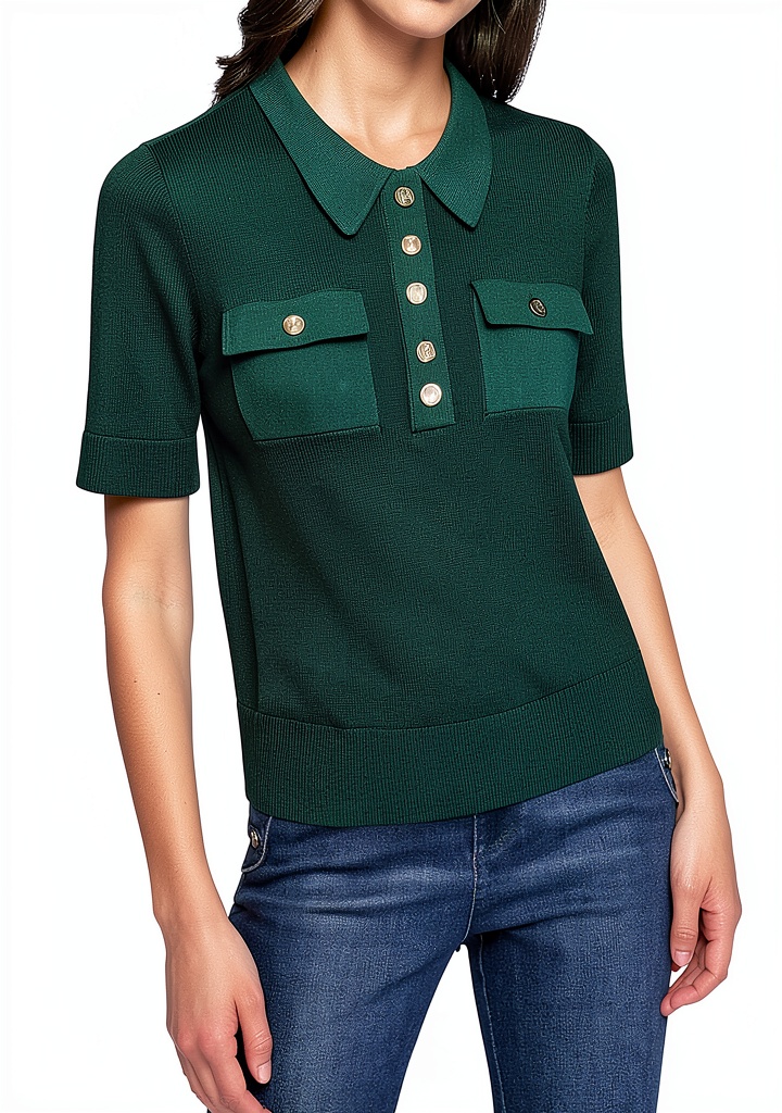 Karl Lagerfeld Paris women's sweater in Rain Forest color worn casually