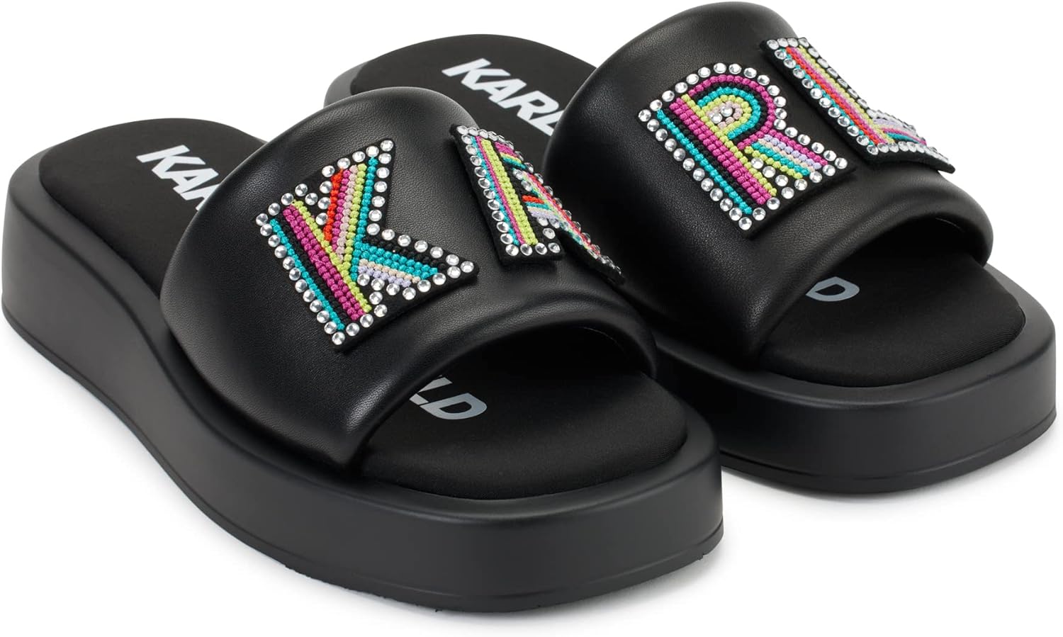 Karl Lagerfeld Paris womens slide sandals in multiple colors displayed on a clean background