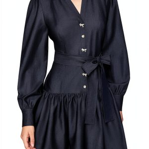 Karl Lagerfeld Paris Womens Long Sleeve Collared Tie Waist-0