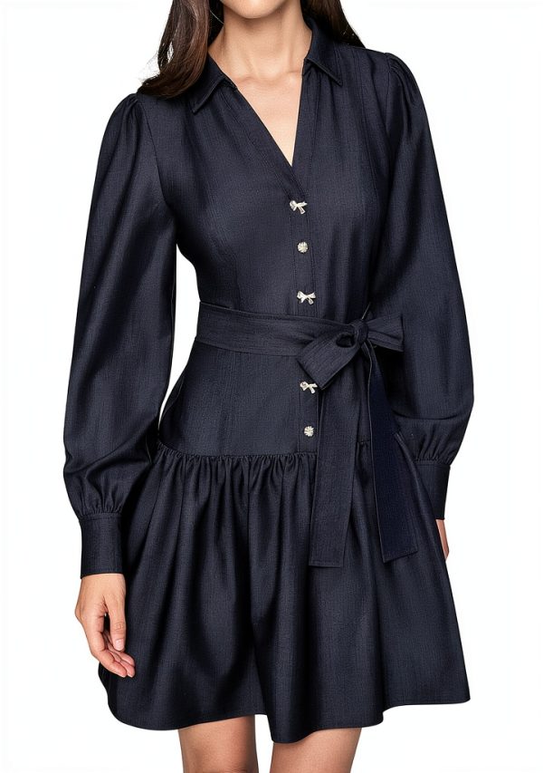 Karl Lagerfeld Paris Womens Long Sleeve Collared Tie Waist-0