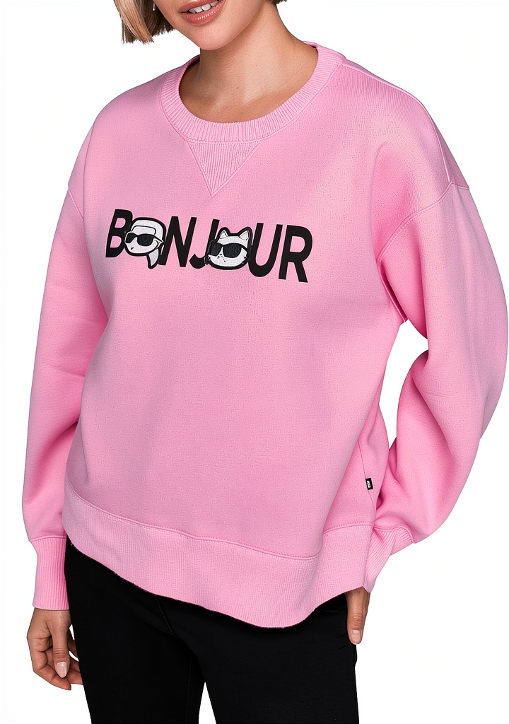 Karl Lagerfeld Paris Prism Pink sweatshirt worn in a casual setting