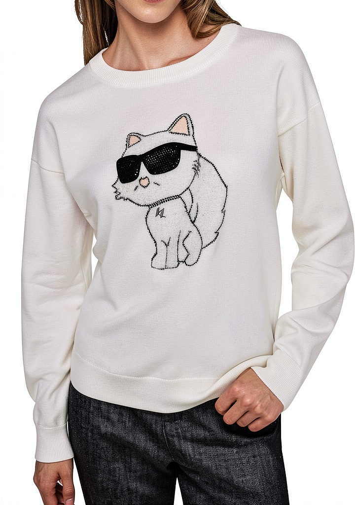 Karl Lagerfeld Paris pullover sweater in Soft White worn with jeans