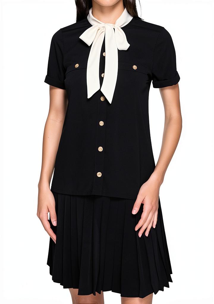 Karl Lagerfeld Paris dress in Black/Birch color showcasing silky crepe fabric and flounce hem