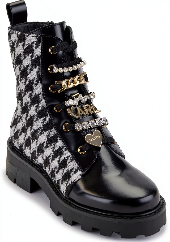 Karl Lagerfeld Paris womens combat boots in Black/Grey color on a model