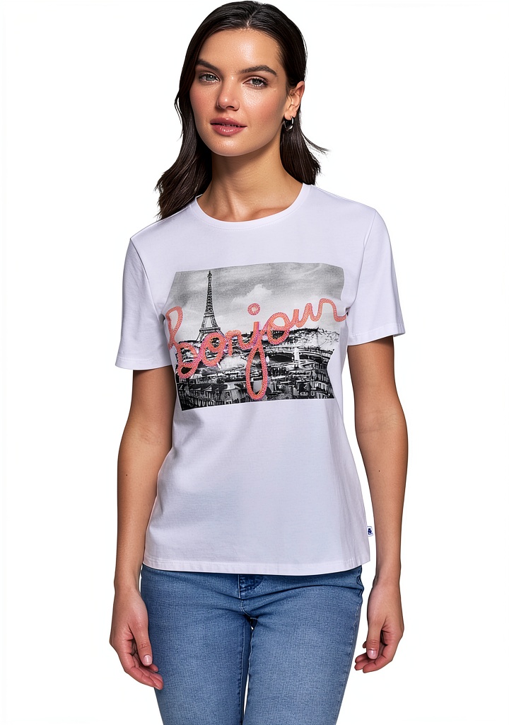Karl Lagerfeld Paris womens t-shirt in black and white colors displayed on a model