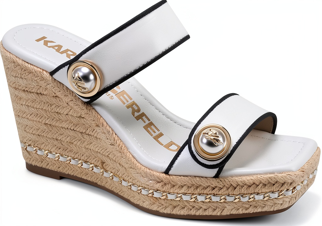 Installing Karl Lagerfeld Paris Womens Sandals Platform Wedge Comfort on a wooden floor