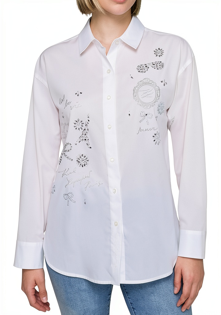 Karl Lagerfeld Paris white button-down shirt on a model in a professional setting