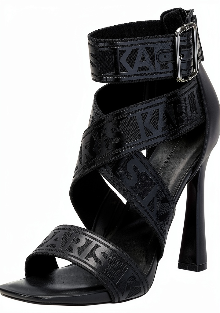 Karl Lagerfeld Paris strappy sandals in multiple colors displayed on a model