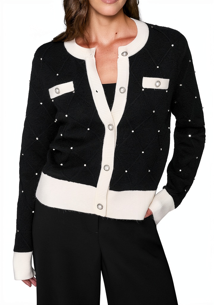 Karl Lagerfeld Paris pullover sweater in Black/Soft White color worn in a casual setting