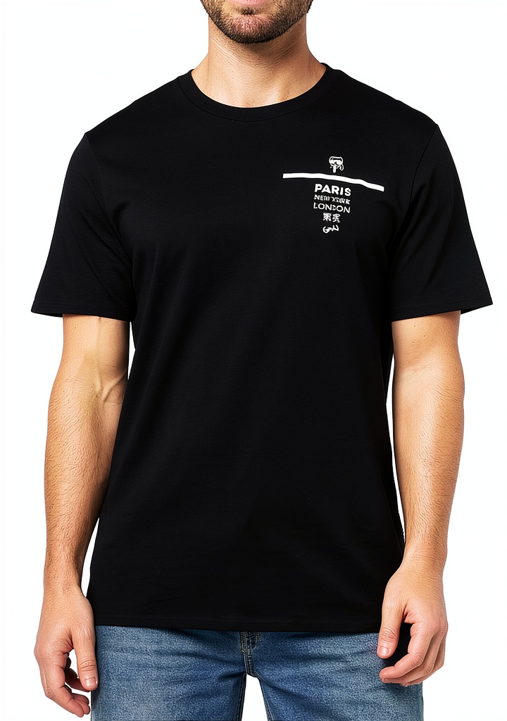 Karl Lagerfeld Paris men's black t-shirt with logo graphic displayed on a model
