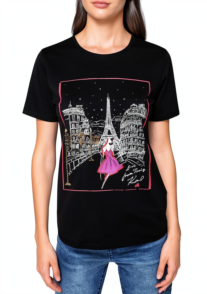 Karl Lagerfeld Paris womens t-shirt in black, showcasing the flattering fit on a model