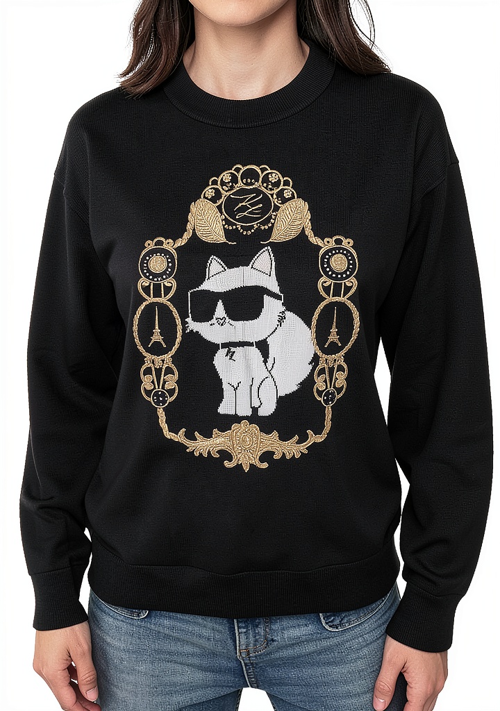 Karl Lagerfeld Paris womens pullover sweater in black worn with jeans