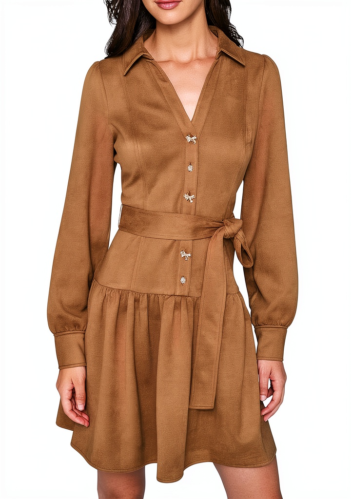 Karl Lagerfeld Paris womens dress in Vicuna color worn in a casual setting
