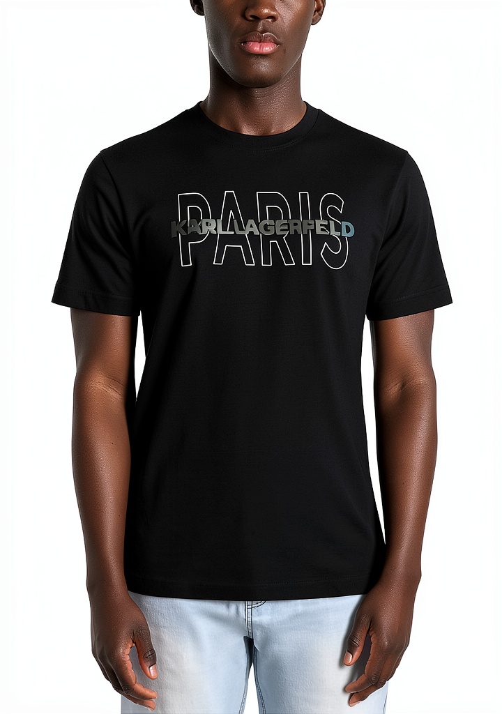 Karl Lagerfeld white graphic tee styled with denim and a blazer
